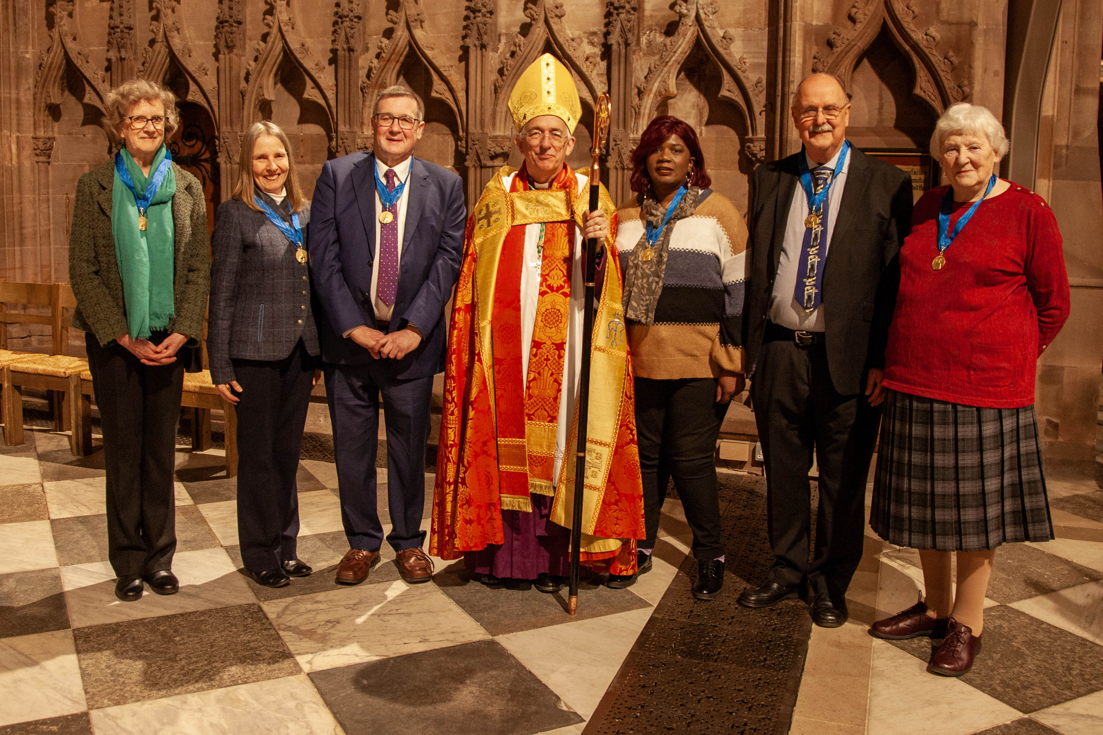 Recipients of the St Chad Medal - (l-r) Mithra Tonking, Claire Crackett, Pete Harris, Bishop Michael, Angela Bernard, Roger Marsh, Ruth Bull