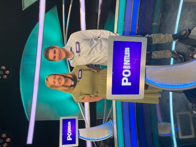 Olivia and Barry stood at the podium in the Pointless studio