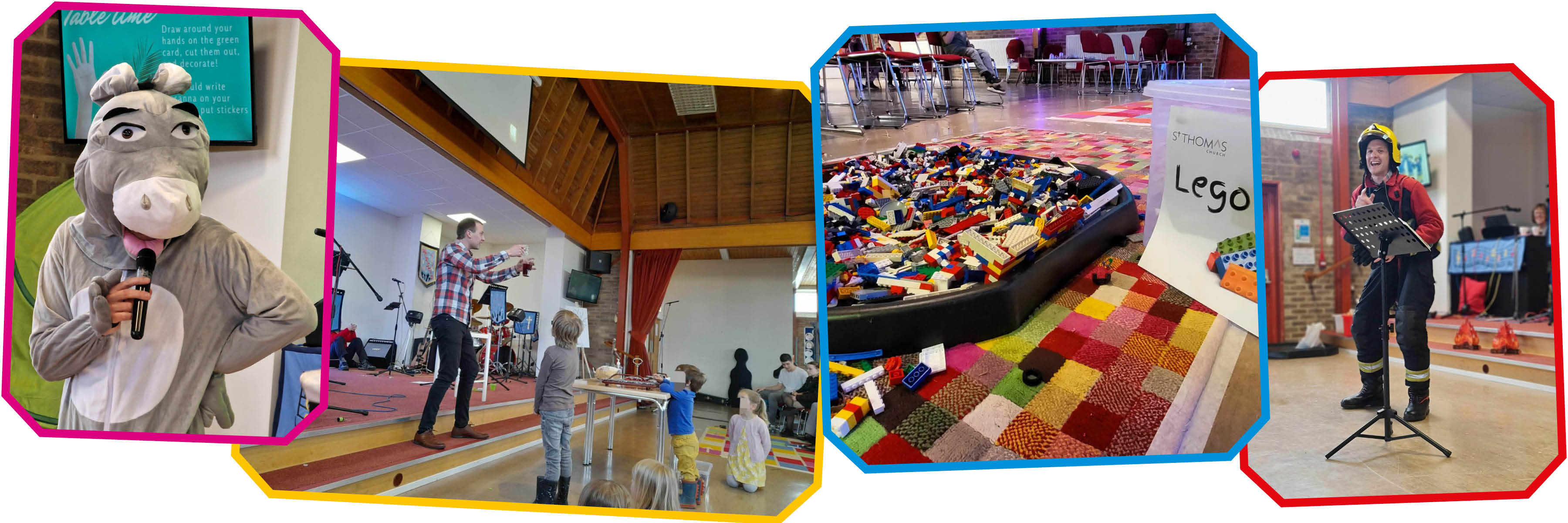 compilation of images including 1) leader in a donkey costume holding a microphone 2) children engaged with the vicar at the front of the worship area 3) Lego in a ball bit 4) Vicar leading wearing a crash helmet