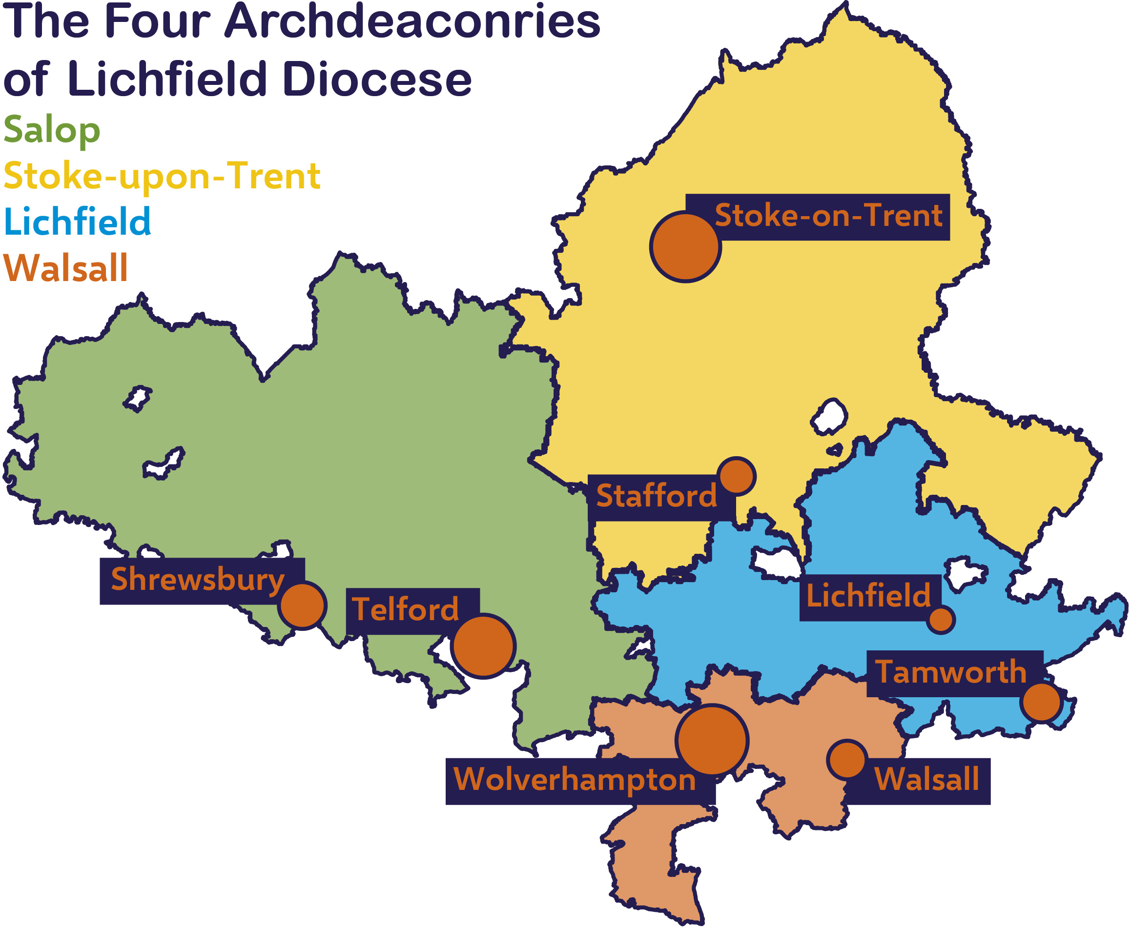 map showing the four archdeaconries of the Diocese and the key towns.