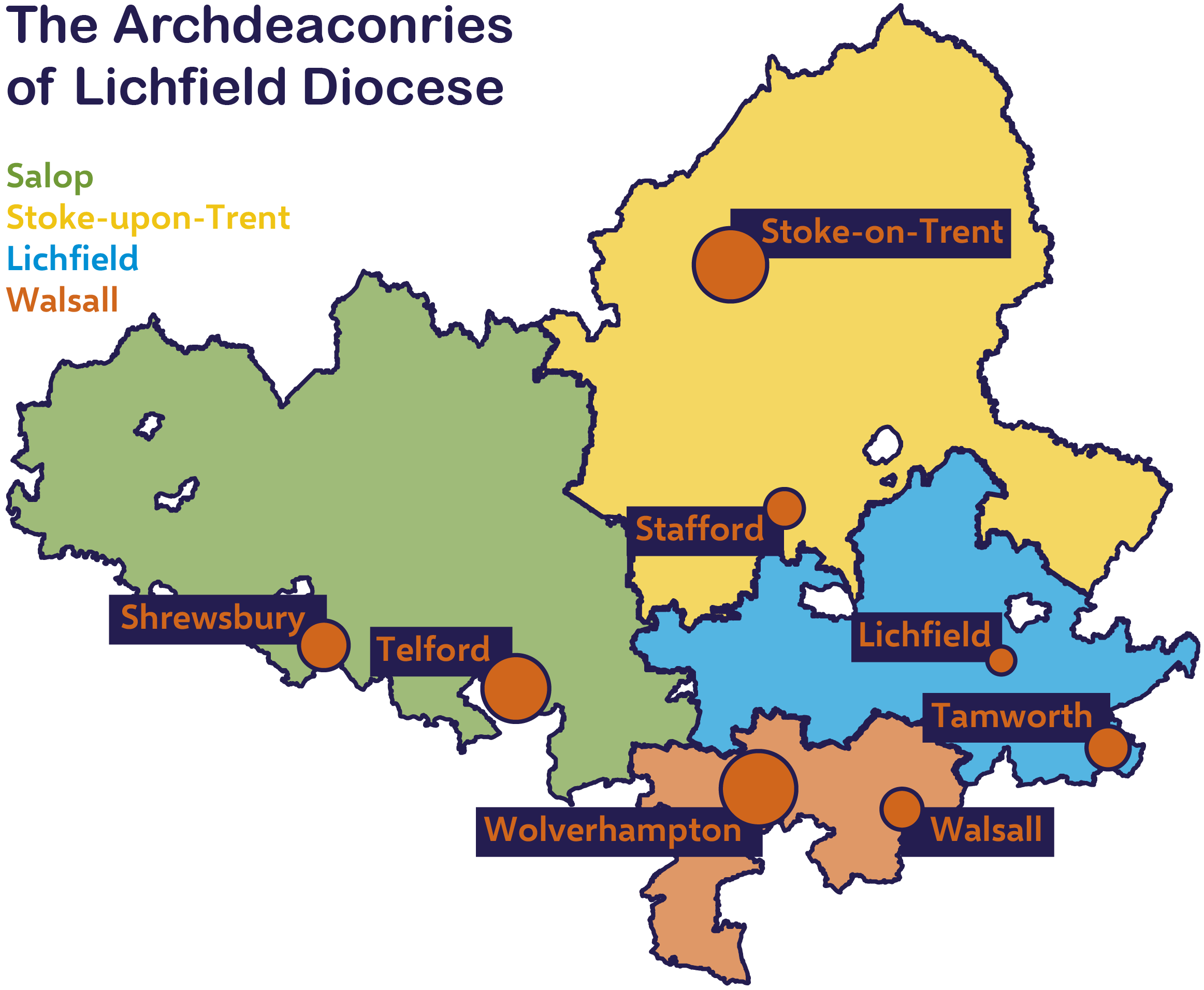 Map showing outline of the four archdeaconries of Lichfield Diocese and key towns