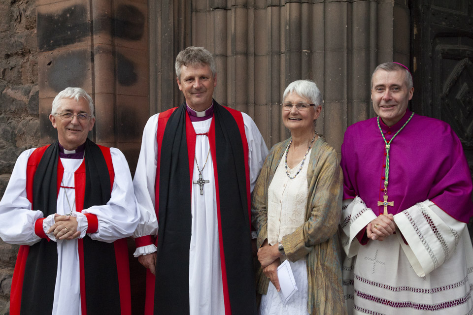 Mmmm - Bishops Michael and Mark, Mandy, and Roman Catholic bishop of Shrewsbury, Bishop Mark Davies outside Shrewsbury Abbey